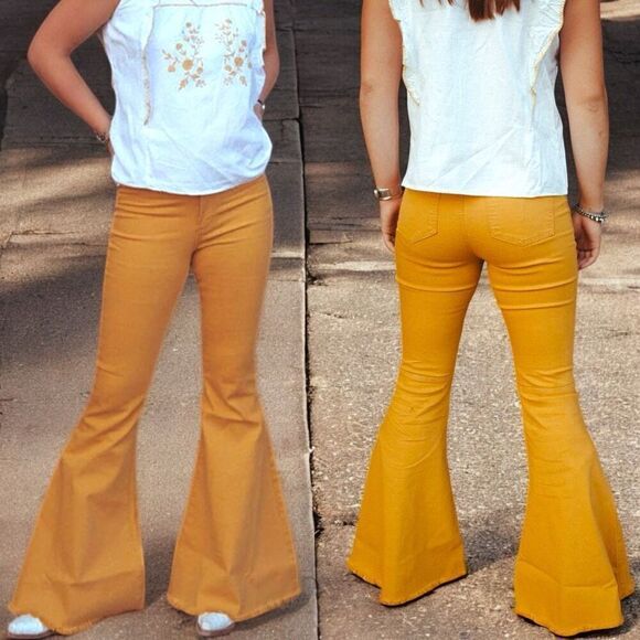 HomeFolk/L&B Mustard Yellow High Rise Flare Jeans Size 16 NWT - Picture 1 of 15